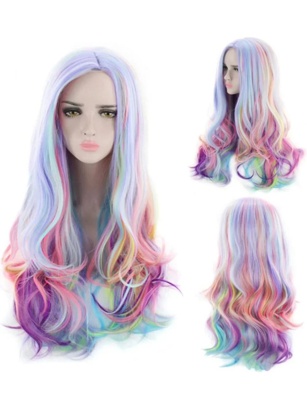 Vibrant Long Curly Wavy Rainbow Hair Wig - 27.56 Inch Colorful Costume Accessory